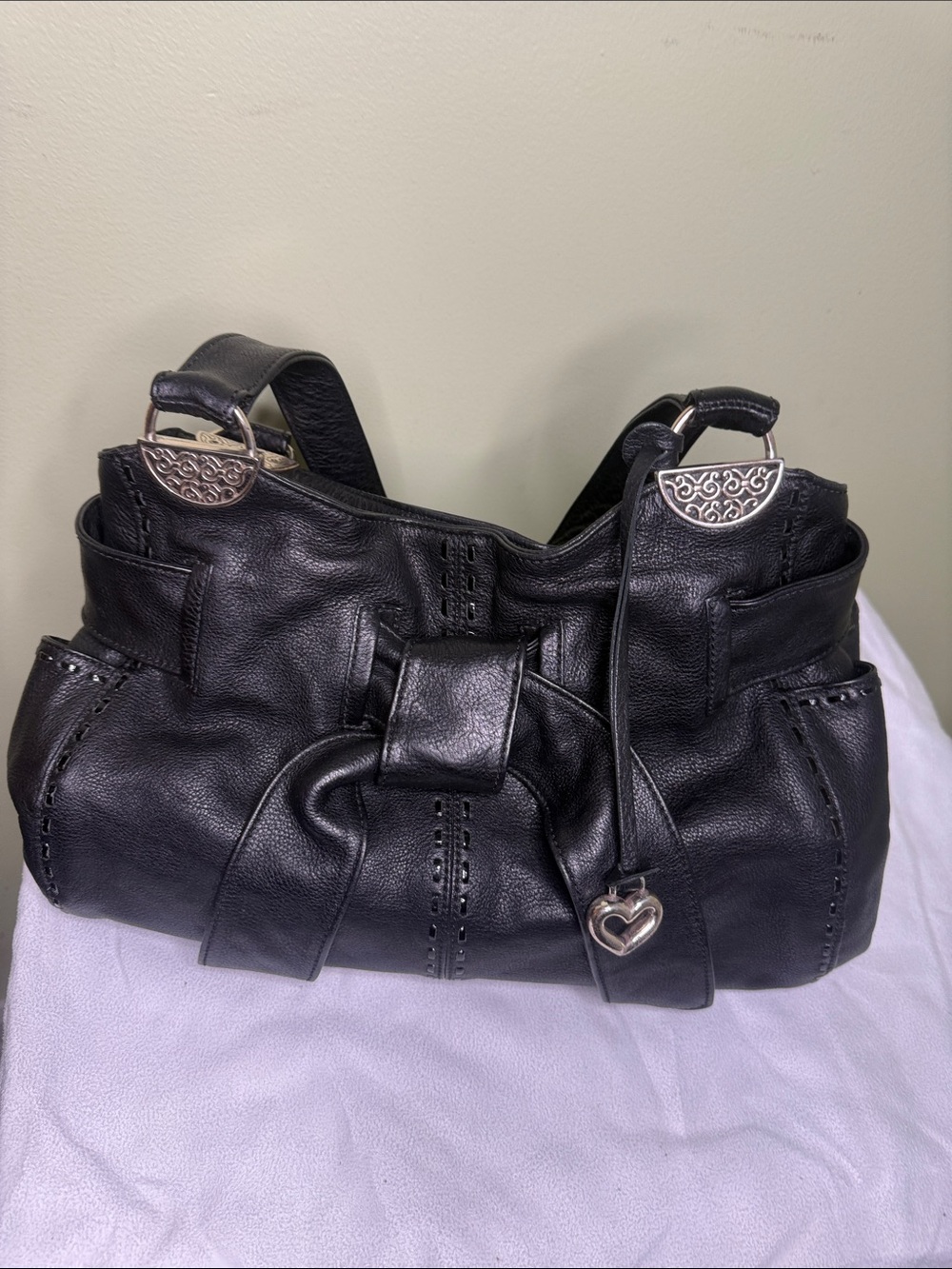 Brighton Black Leather Shoulder Bag with Heart Charm